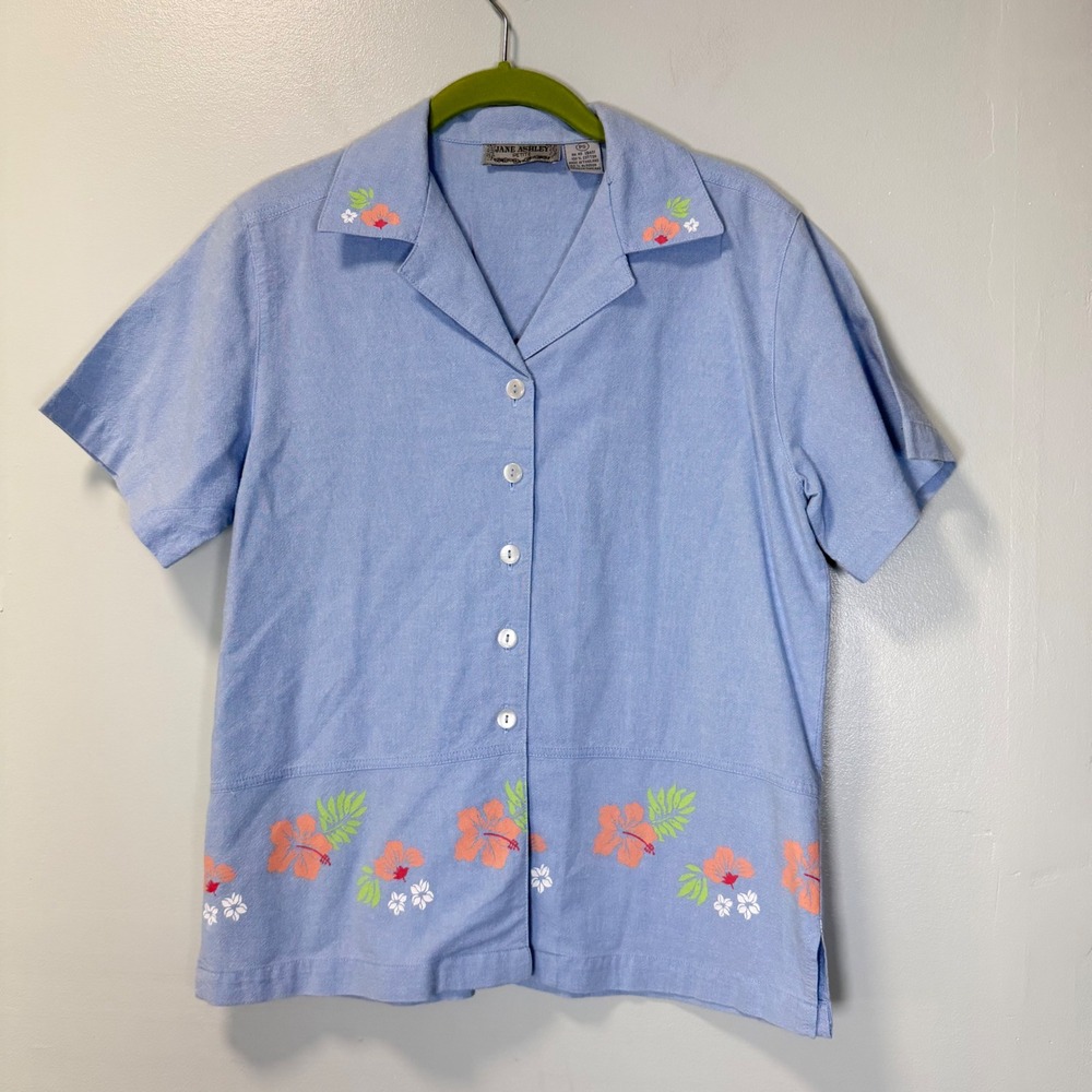Jane Ashley Vintage Petite Blue Cotton Floral Hibiscus Button Front Shirt PS